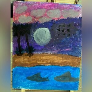 Abstract Night Beach Painting with Sharks